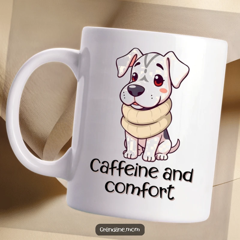 Funny Grand Dane Mug featuring a dog wrapped in a cozy knitted scarf, looking comfortably warm and content.