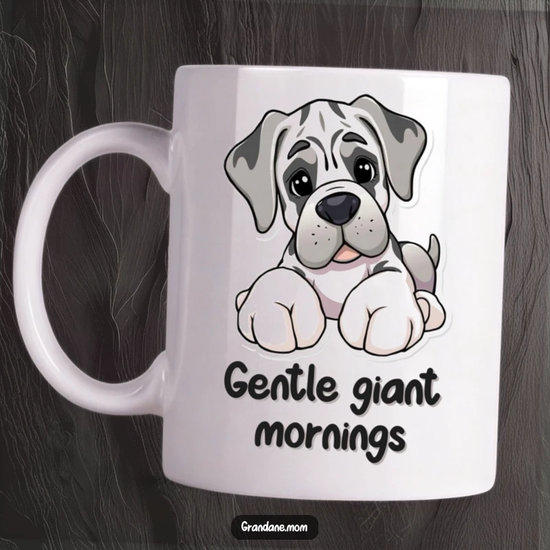 Funny mug depicting a Grand Dane with comically giant paws, gently offering a soft toy with a sweet expression.