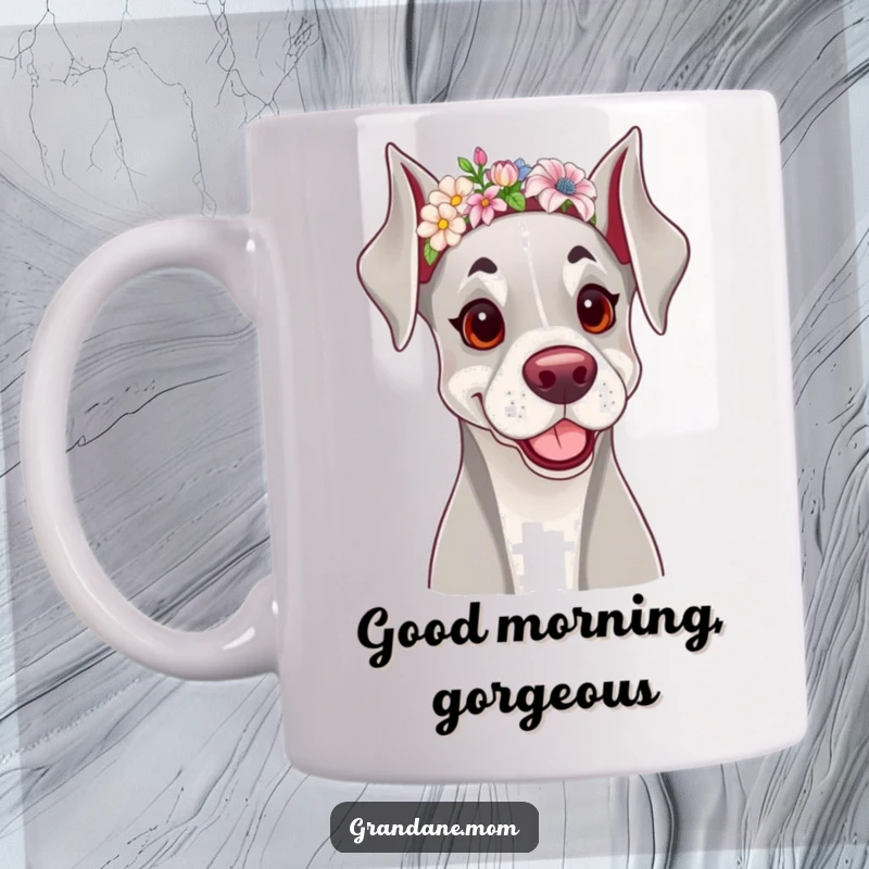Funny mug featuring a cheerful Grand Dane dog wearing a dainty floral headband, looking exceptionally lovely and elegant.