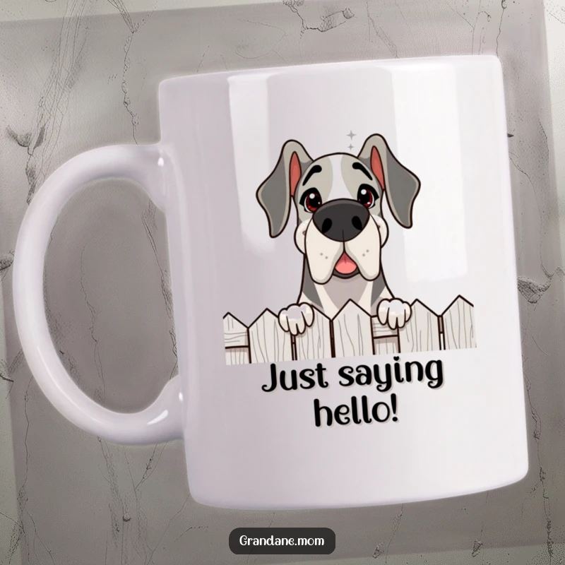Funny Grand Dane mug, peering curiously over a fence with a friendly and delighted expression, capturing playful curiosity.