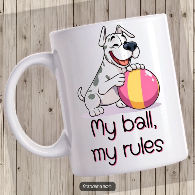 Funny Grand Dane mug, happily nudging a giant, colorful ball with its nose, showcasing pure joy and playful energy.