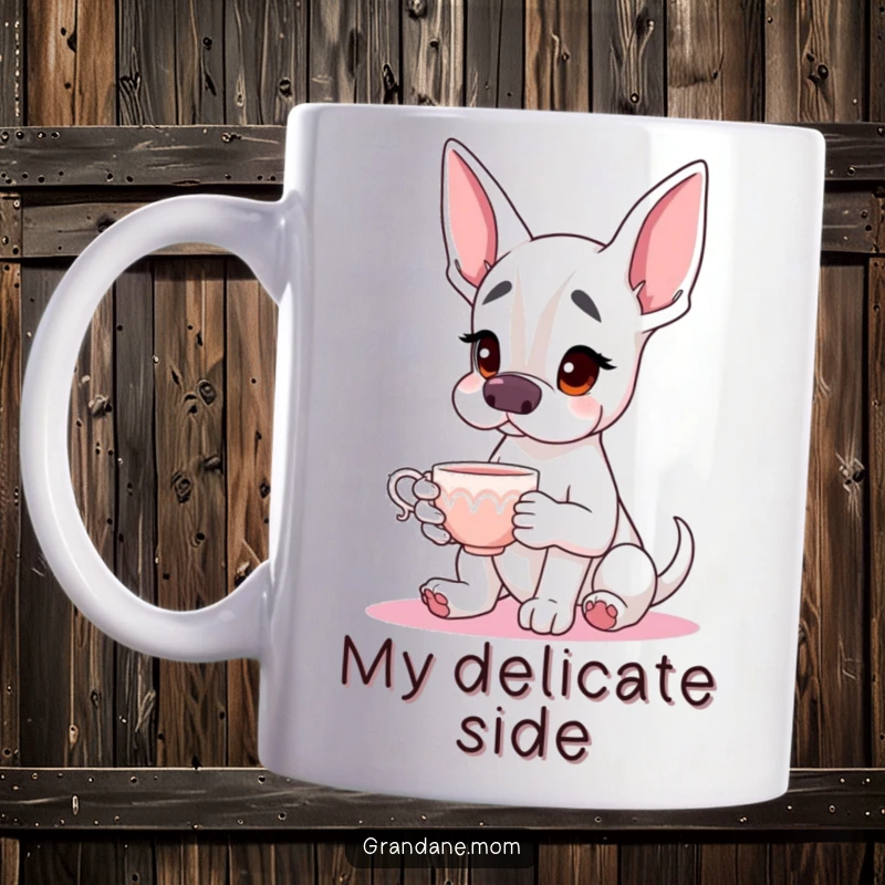 Funny Grand Dane Mug featuring a gentle giant holding a dainty teacup, exuding elegance and a love for fine beverages.