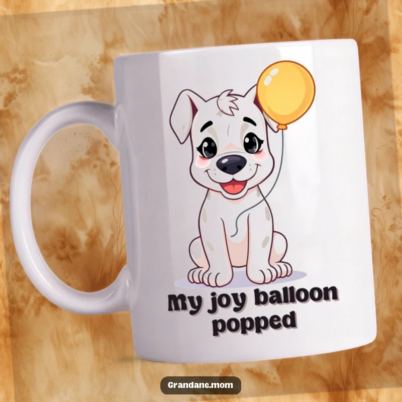 Funny Grand Dane Smile Mug, a happy dog holding a bright balloon, radiating joy, a cheerful and humorous gift.