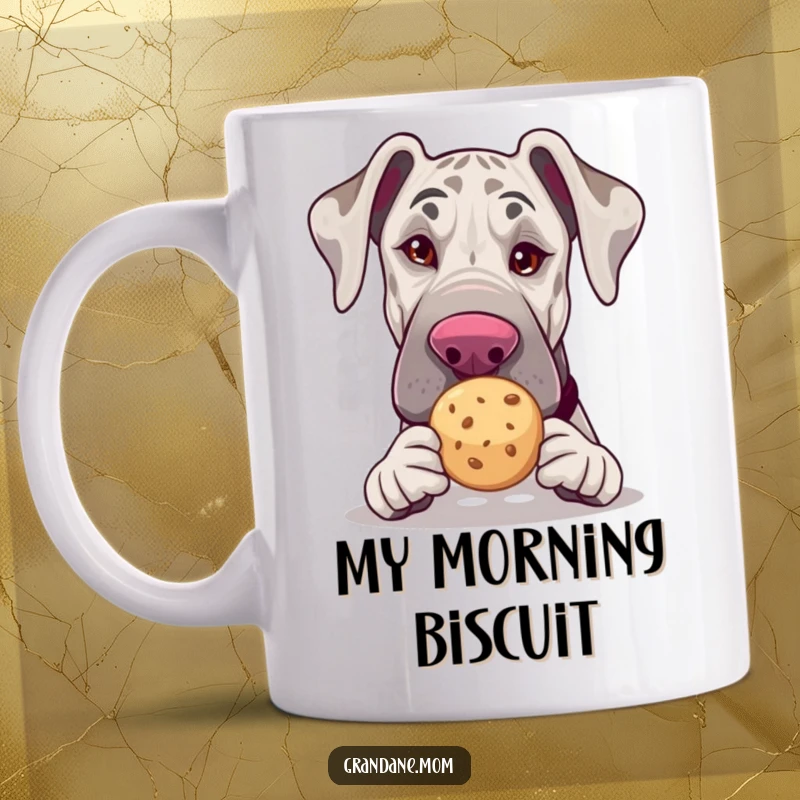 Funny Grand Dane mug, winking and offering a tea cookie, perfect gift for dog lovers and tea drinkers.