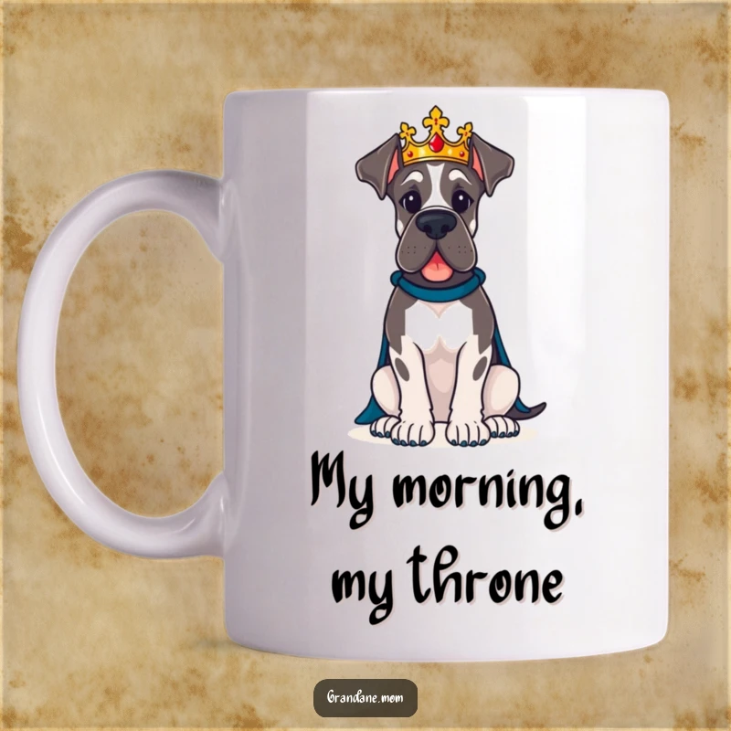 Funny Great Dane dog wearing a regal crown sits proudly, a majestic mug for dog royalty.