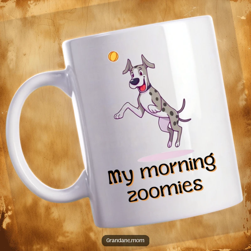 Funny Great Dane mug featuring a long-legged dog joyfully leaping to catch a thrown toy, full of energy.