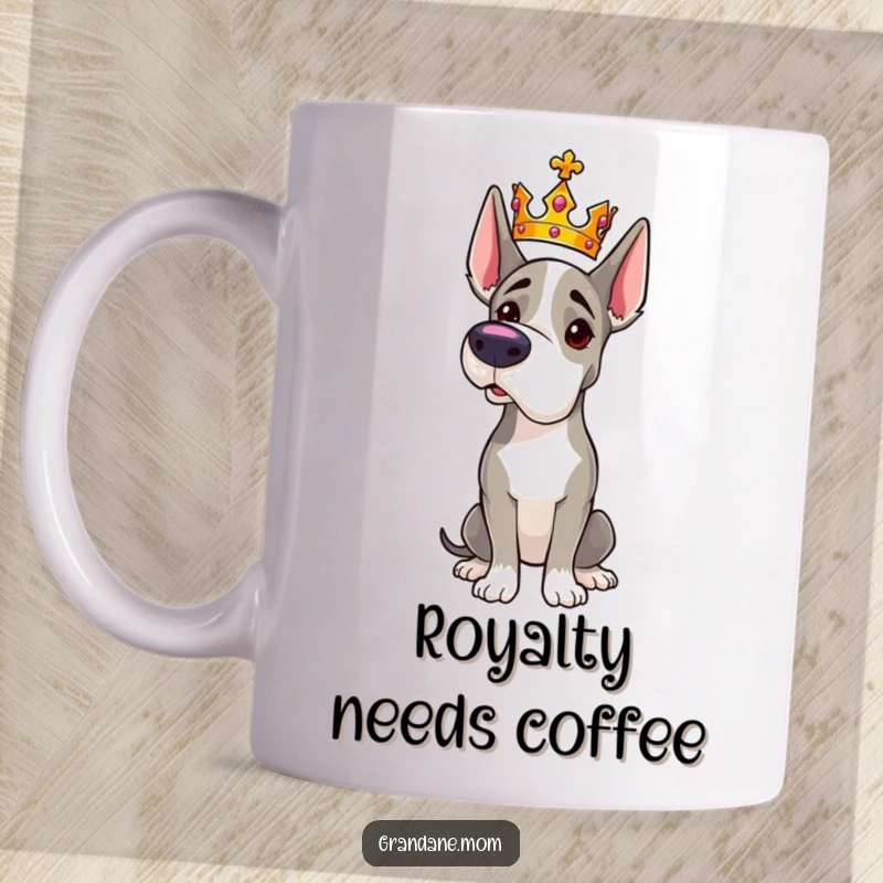 Funny Grand Dane mug showing a majestic dog wearing a tiny crown and striking a regal pose with dignity.