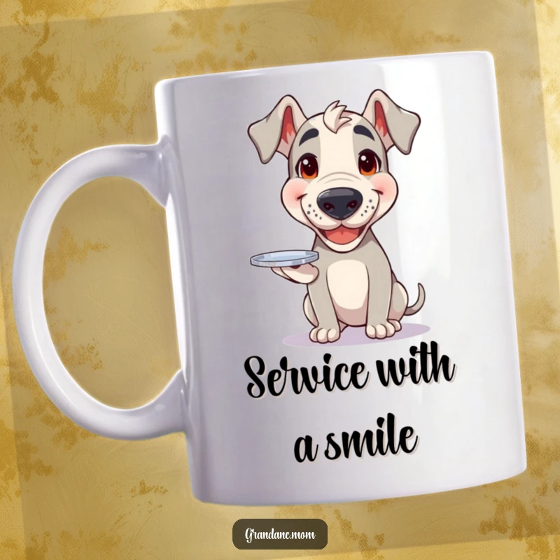 Funny Grand Dane mug showing a happy dog with a bright smile, carefully balancing a small silver tray.