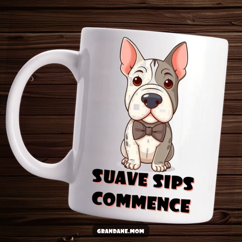 Funny mug featuring a distinguished Grand Dane wearing a smart bow tie, exuding elegance and a hint of playful humor.