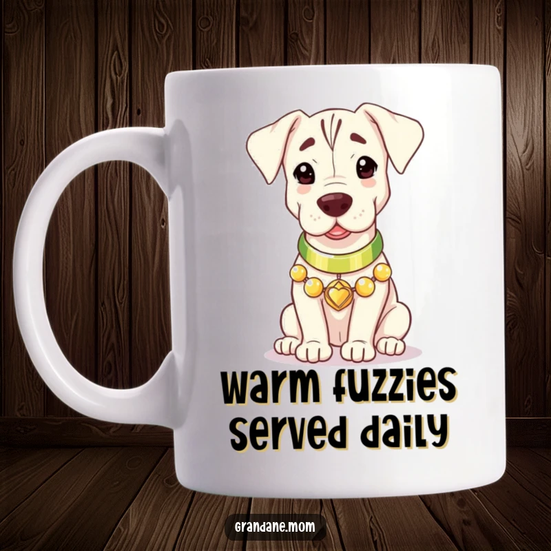 A majestic Grand Dane wearing a shiny collar, exuding warmth and kindness, captured on a beautiful mug.