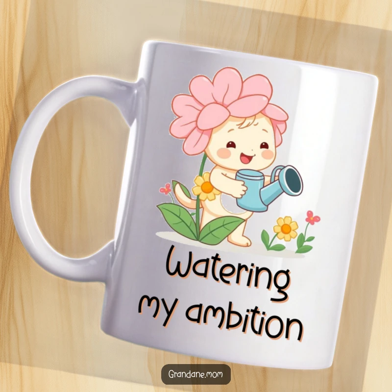 Funny daniff mug, a cheerful dog with a watering can tending a large flower, symbolizing growth and happiness, a cute funny gift.