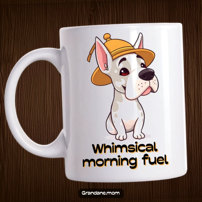 Funny mug showing a Grand Dane wearing a whimsical hat, offering a polite and gentle head nod with humorous charm.
