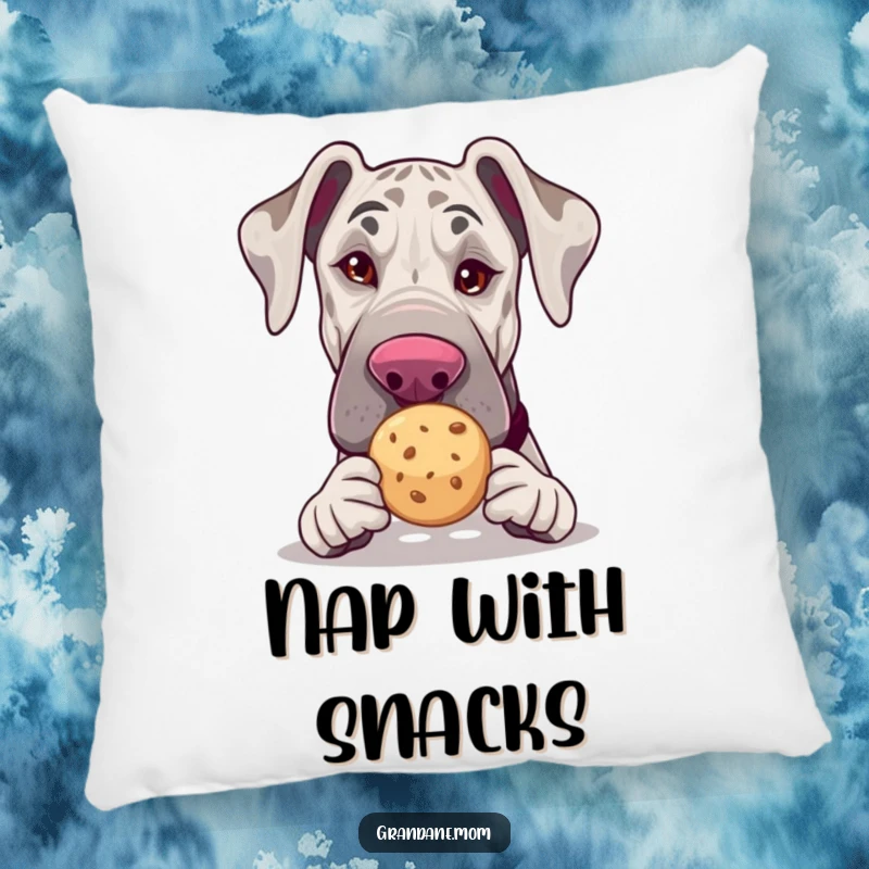 Funny Grand Dane pillow, winking with a tea cookie, comfortable and humorous home decor, perfect funny gift.