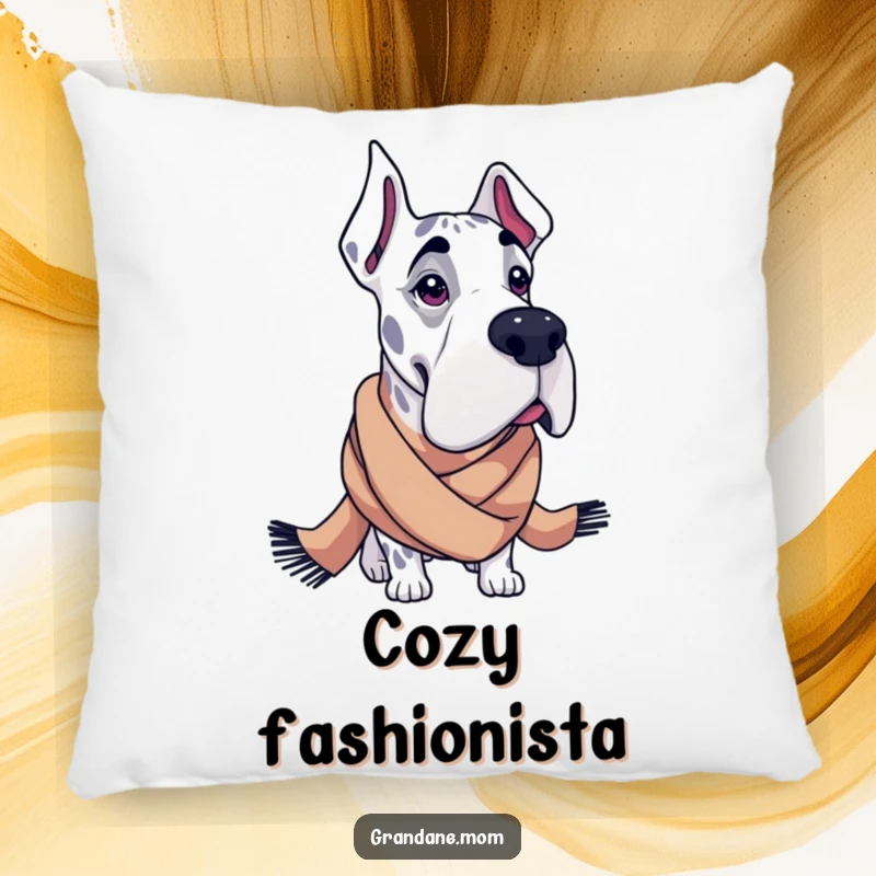 Funny Grand Dane pillow featuring a large dog wearing a stylish scarf, offering comfort and humorous fashion.