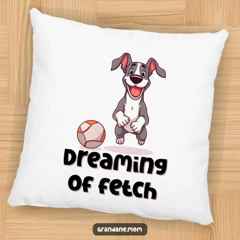 Funny Pillow featuring a cheerful Great Dane playing fetch with a comically large ball, perfect for cozying up with laughter.