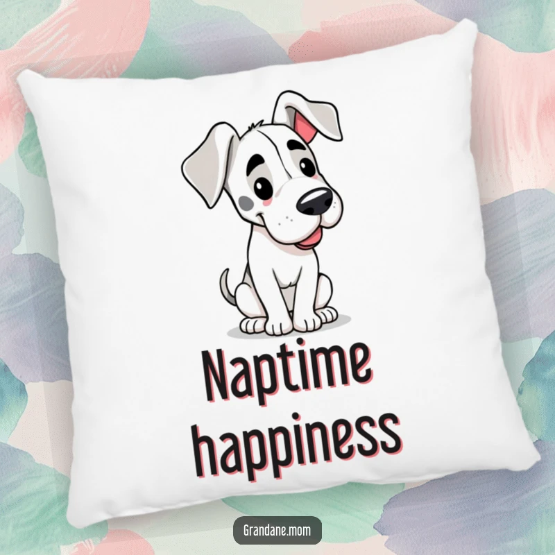 Funny pillow featuring a happy Grand Dane dog with prominent floppy ears, its tail wagging slowly for ultimate comfort.
