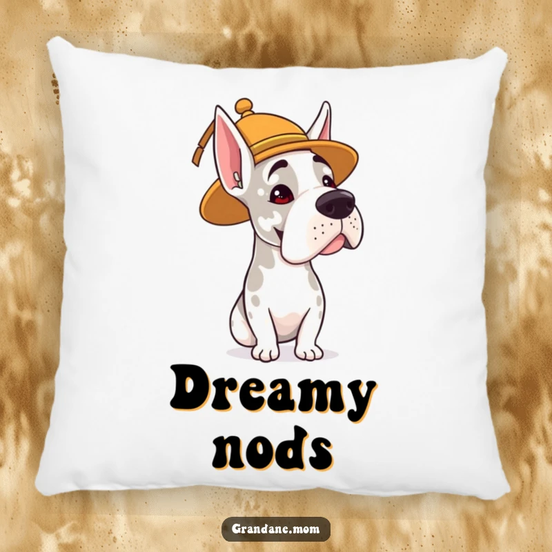 Funny pillow featuring a Grand Dane wearing a whimsical hat and offering a subtle, humorous head nod for comfort.