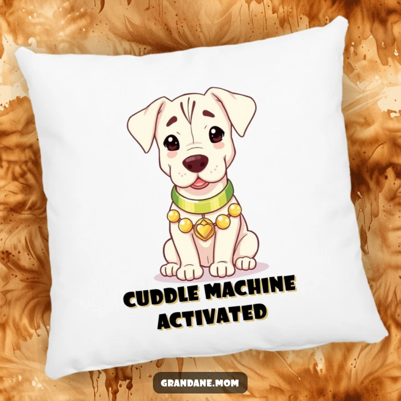 A Grand Dane with a shiny collar, radiating gentle warmth, depicted on a soft and decorative pillow.