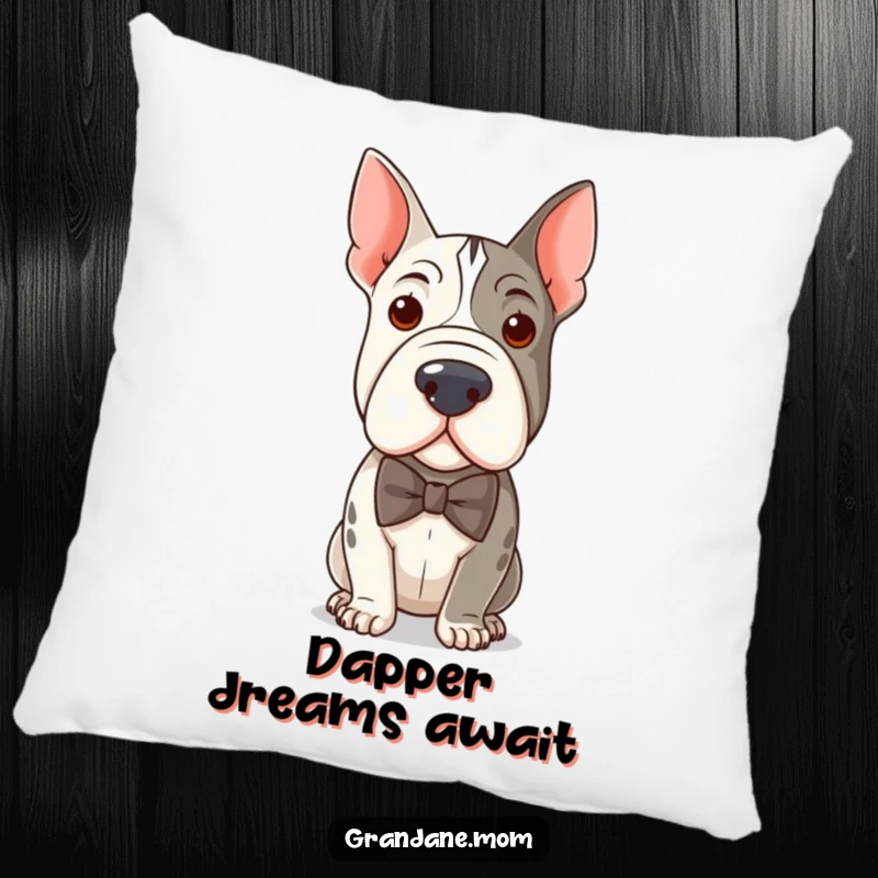 Funny pillow with a distinguished Grand Dane in a bow tie, offering comfort and a dash of elegant canine humor.