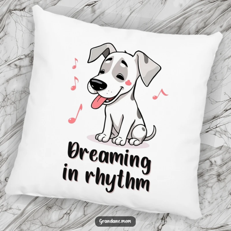 Funny Great Dane musical pillow depicting a large dog humming a joyful tune, with a musical note nearby.