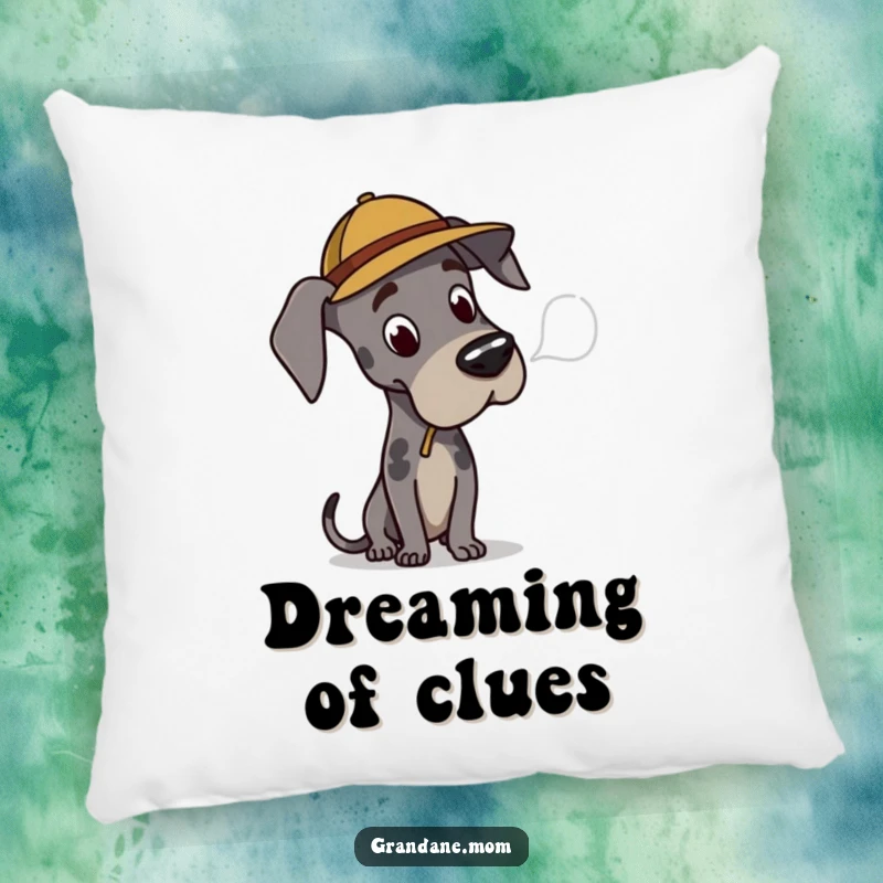 Funny Great Dane detective pillow, soft and decorative, showing a dog in a hat examining evidence, great for a gift.