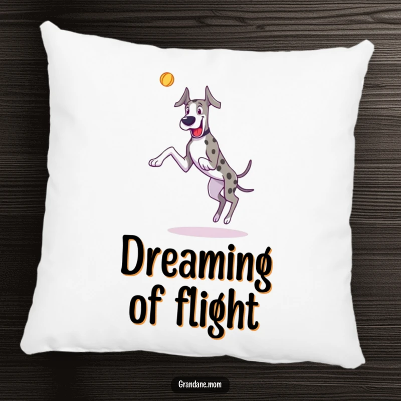 Funny Great Dane pillow with a dog joyfully leaping for a toy, perfect for adding playful comfort.