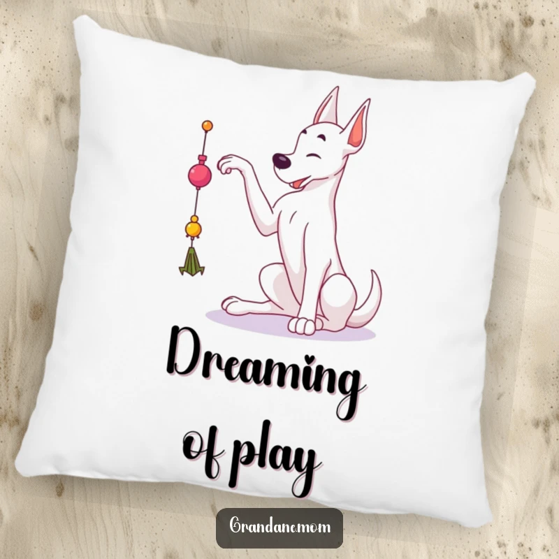 Funny Grand Dane pillow featuring a large dog reaching for a dangling toy, offering comfort and humorous playtime vibes.