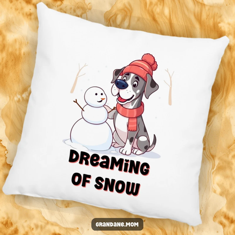 Funny Great Dane Pillow: A pillow depicting a dog in a hat building a snowman, offering cozy winter humor.