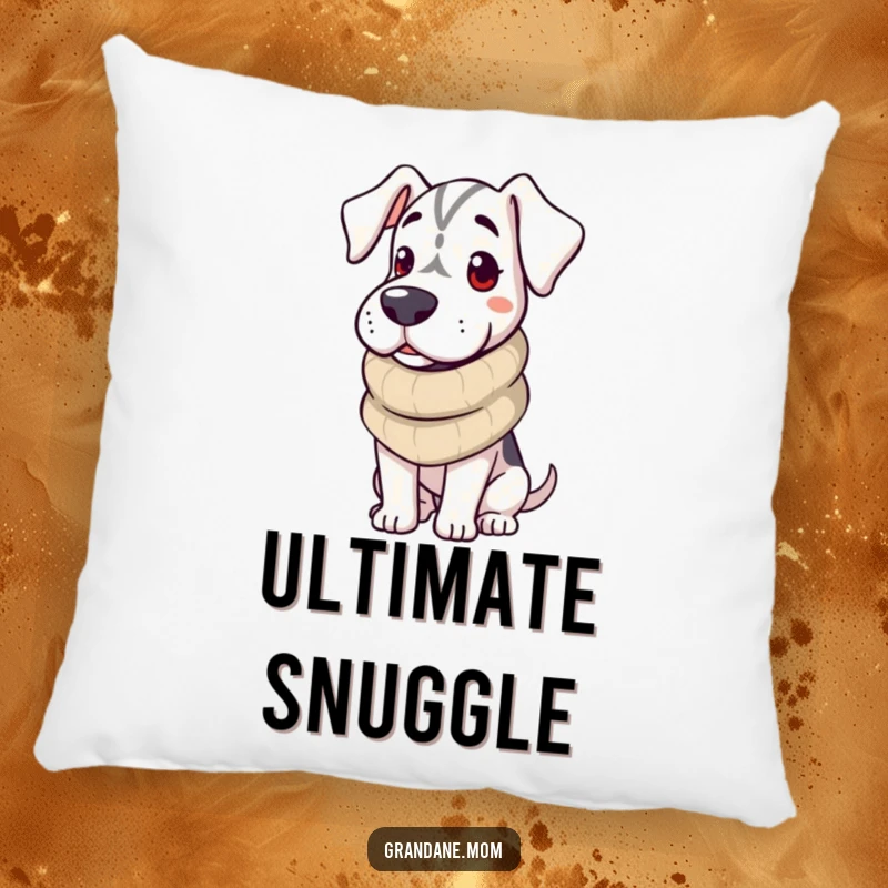 Funny Grand Dane Pillow featuring a dog wrapped in a cozy scarf, providing comfort and a warm, inviting feel.