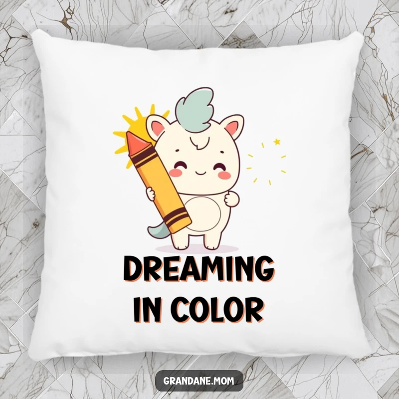 Funny daniff pillow, a dog using a giant crayon to draw a happy sun, offering cozy comfort with artistic canine charm.