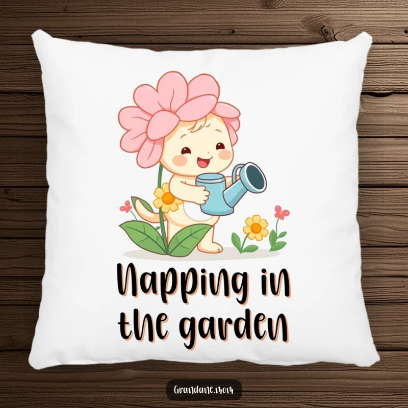 Funny daniff pillow, a cheerful dog with a watering can tending a large flower, bringing garden charm and comfort to any space.