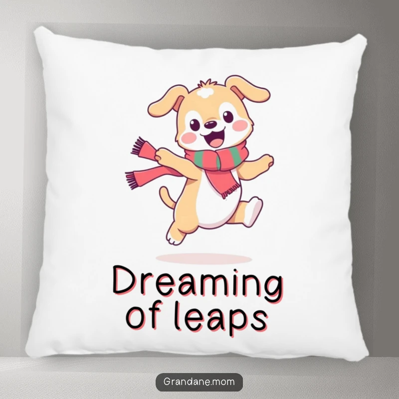 Funny daniff pillow, a stylish dog wearing a scarf doing a playful leap, bringing cozy humor and canine charm to decor.