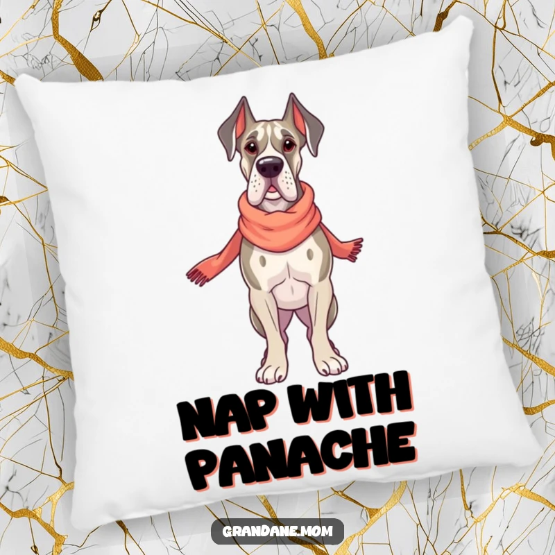 Funny Grand Dane Chic Pillow, a proud dog with an elegant scarf, soft and decorative, an ideal funny gift for comfort.