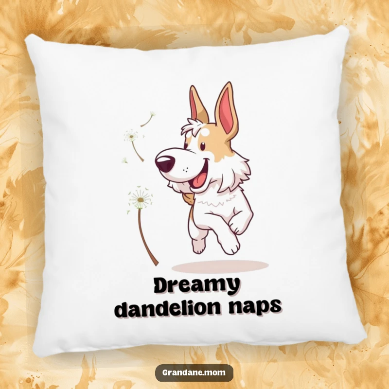 Funny Grand Dane Pillow: A plush pillow featuring a happy dog leaping to catch a delicate dandelion seed, adding humor to any room.