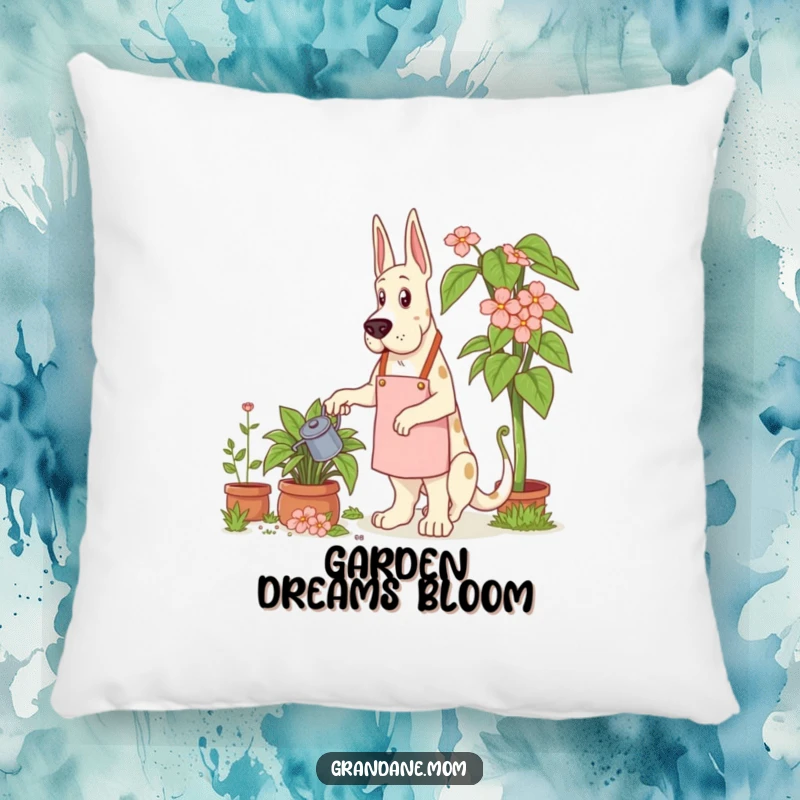 Funny Grand Dane Gardener Pillow of a Grand Dane dog in a gardening apron, watering a giant plant.