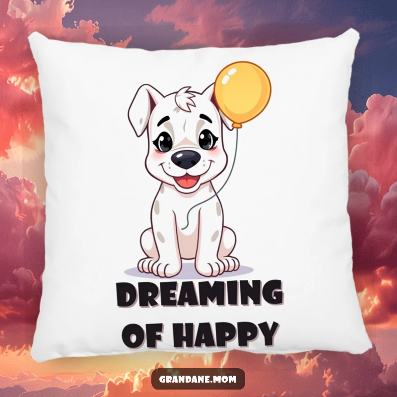 Funny Grand Dane Joy Pillow, a smiling dog holding a bright balloon, soft and decorative, an ideal funny gift for comfort.