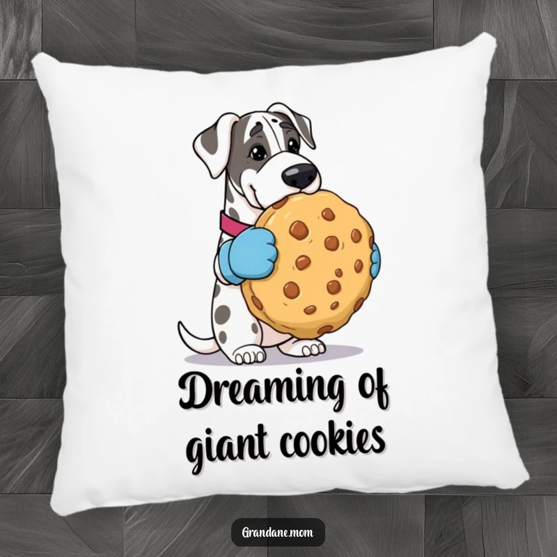Funny Grand Dane pillow, the dog is wearing oven mitts and holding a huge cookie, adding a touch of playful decor. Ideal funny gift.