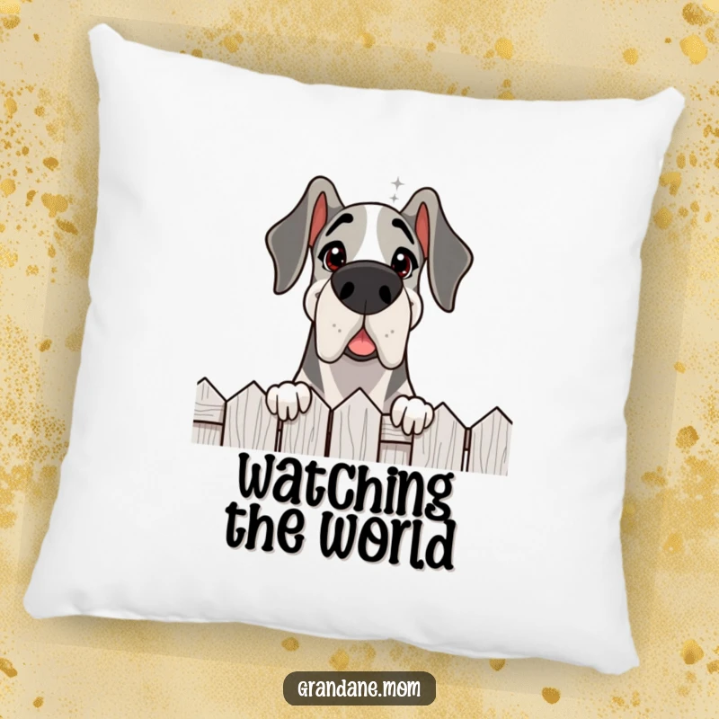 Funny Grand Dane pillow, a delighted dog peeking over a fence with a friendly gaze, adding comfort and curiosity.
