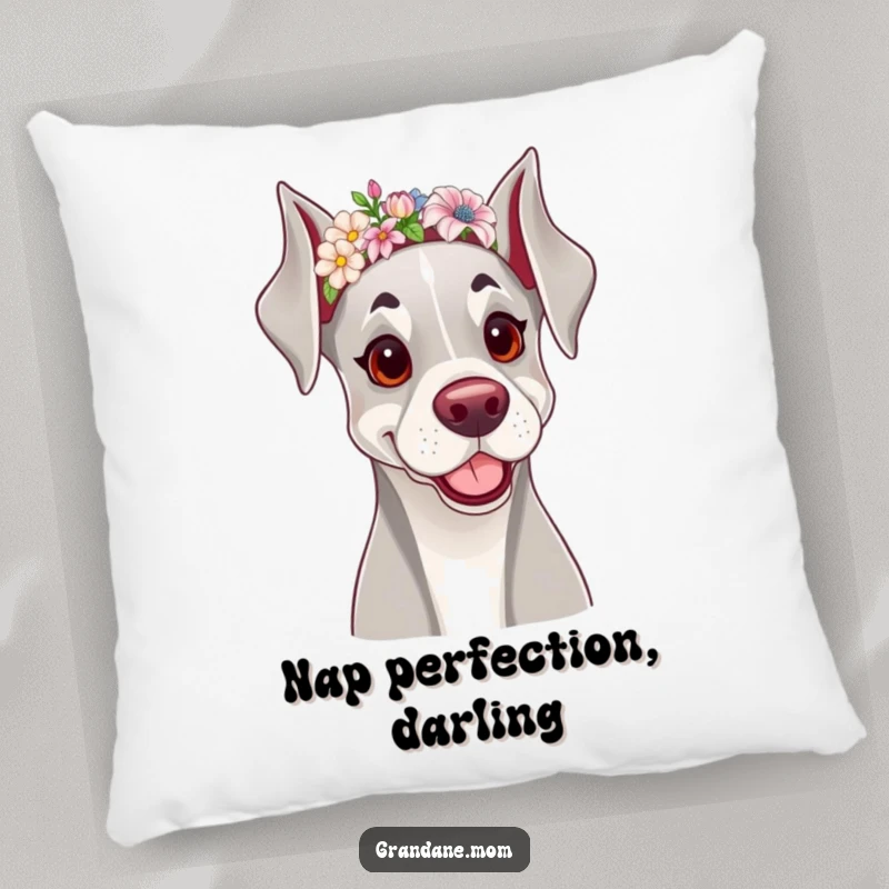 Funny pillow with a cute Grand Dane dog wearing a dainty floral headband, adding charm and canine elegance.