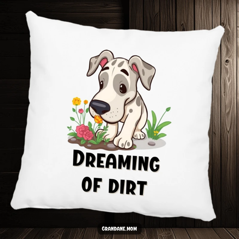 Funny Grand Dane pillow featuring a large dog curiously sniffing a garden patch, offering comfort and humorous exploration vibes.
