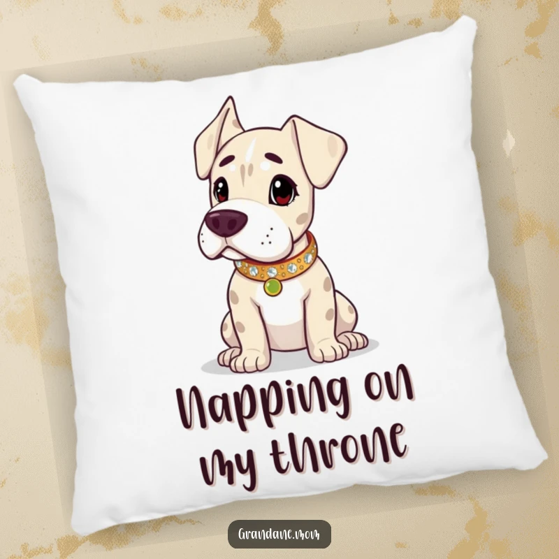 Funny Grand Dane pillow, depicting the dog in a sparkling collar, looking regal and majestic. Ideal funny gift for home decor lovers.
