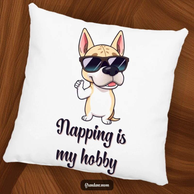 Funny Grand Dane sunglasses pillow showcasing a big dog wearing cool shades and striking a suave, confident pose for stylish comfort.