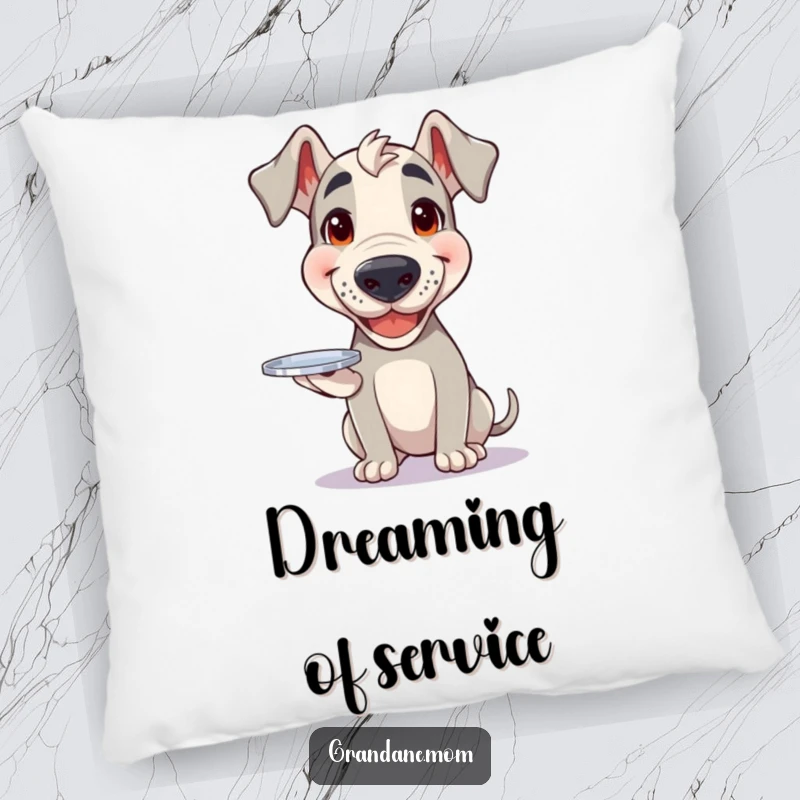 Funny Grand Dane pillow with a happy dog balancing a small silver tray, adding a cheerful touch to decor.