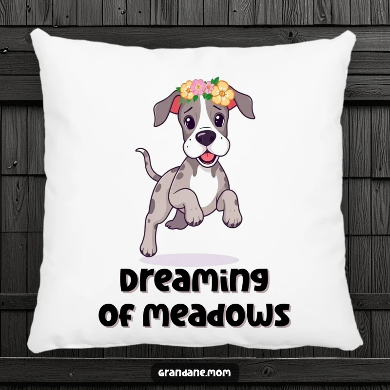 Funny Great Dane floral headband pillow depicting a large, happy dog prancing playfully with a beautiful crown of flowers.
