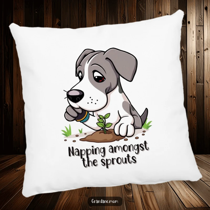 Funny Great Dane gardener pillow depicting a large dog in gloves, planting a tiny seedling with a nurturing gesture.