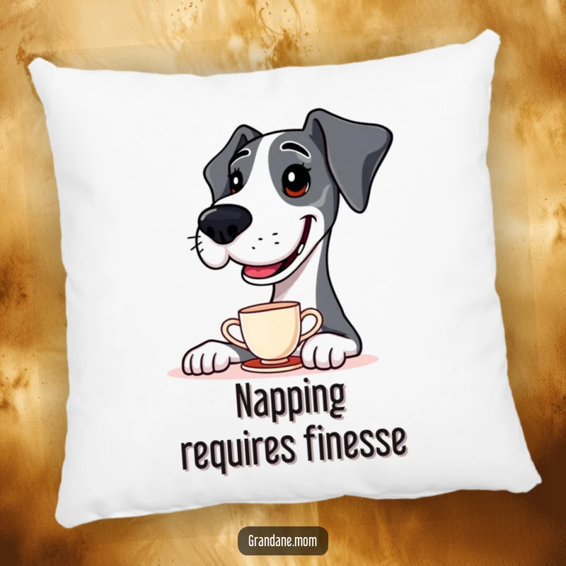 Funny Pillow featuring a Great Dane masterfully balancing a teacup on its nose, perfect for cozy, humorous decor.