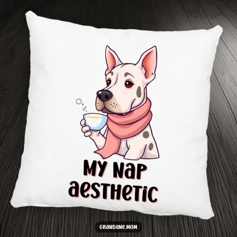 Funny Grand Dane wearing a plush silk scarf, delicately sipping tea, on a soft pillow, providing humorous comfort and elegant decor.