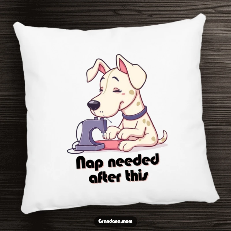 Funny Grand Dane attempting to stitch a very small button with gigantic sewing needles, depicted on a soft and comforting pillow.