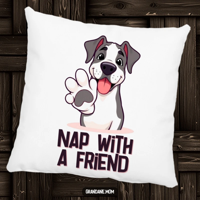 Funny Grand Dane pillow, a smiling dog offering a large paw for a friendly hello, adding comfort and warmth.