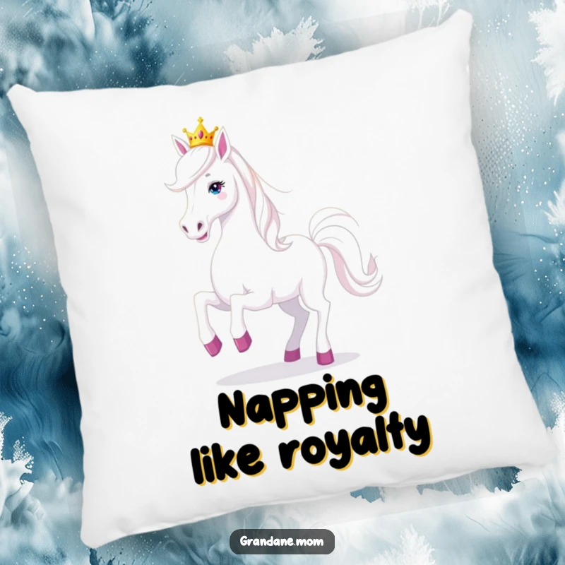 Funny Grand Dane dog wearing a tiny tiara, prancing playfully on a soft pillow, bringing joyful humor to decor.